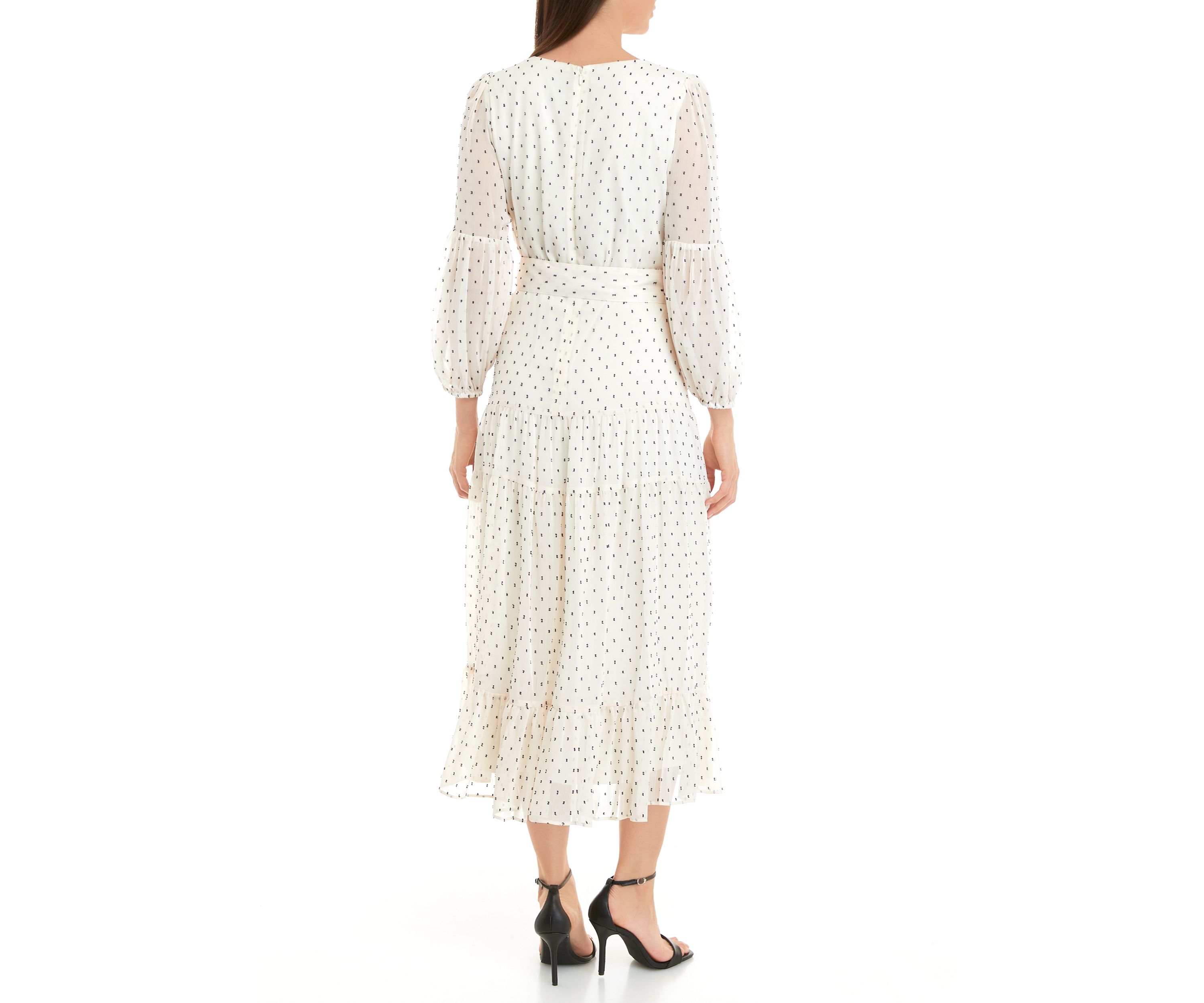 Womens 3/4 Sleeve V-Neck Belt Waisted Printed Fit and Flare Midi Dress