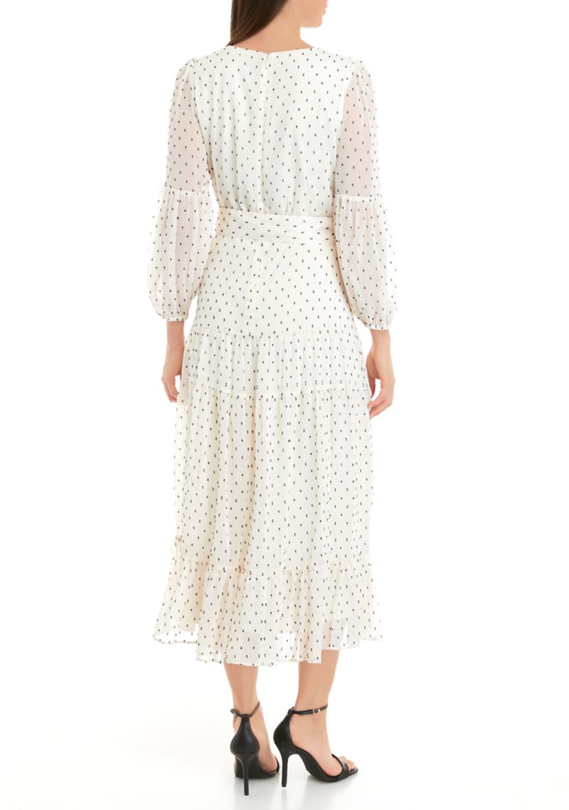 Womens 3/4 Sleeve V-Neck Belt Waisted Printed Fit and Flare Midi Dress
