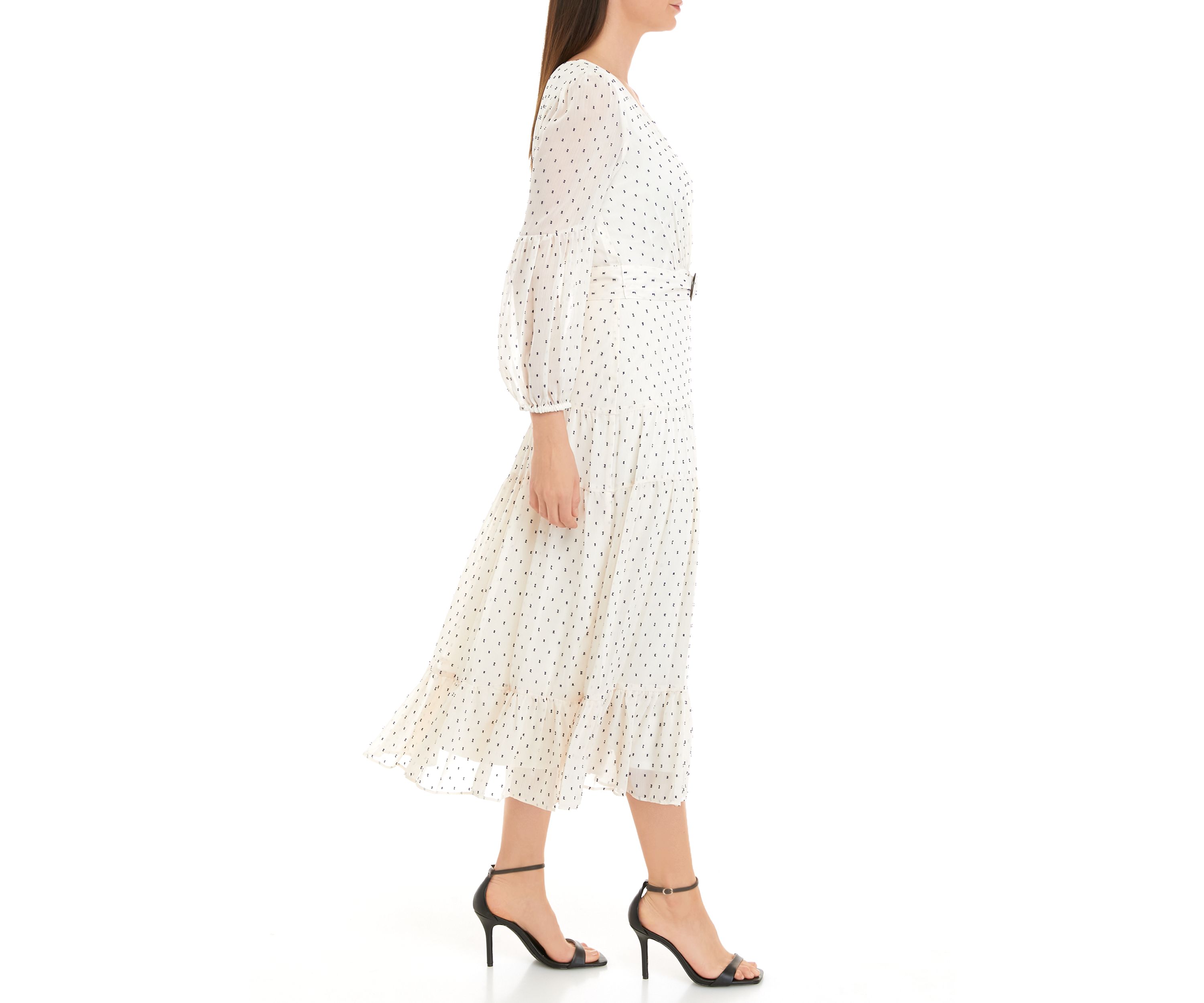 Womens 3/4 Sleeve V-Neck Belt Waisted Printed Fit and Flare Midi Dress