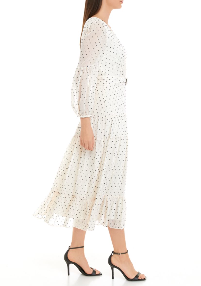 Womens 3/4 Sleeve V-Neck Belt Waisted Printed Fit and Flare Midi Dress
