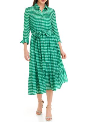 Women's 3/4 Sleeve Collar Neck Tie Waist Striped Fit and Flare Dress