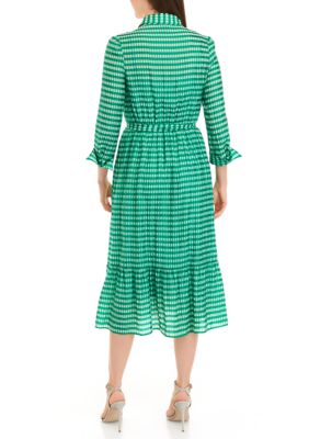 Women's 3/4 Sleeve Collar Neck Tie Waist Striped Fit and Flare Dress