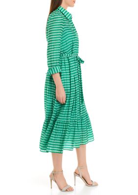 Women's 3/4 Sleeve Collar Neck Tie Waist Striped Fit and Flare Dress