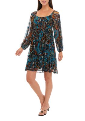 Women's Long Sleeve Chiffon Square Neck Paisley Print Fit and Flare Dress