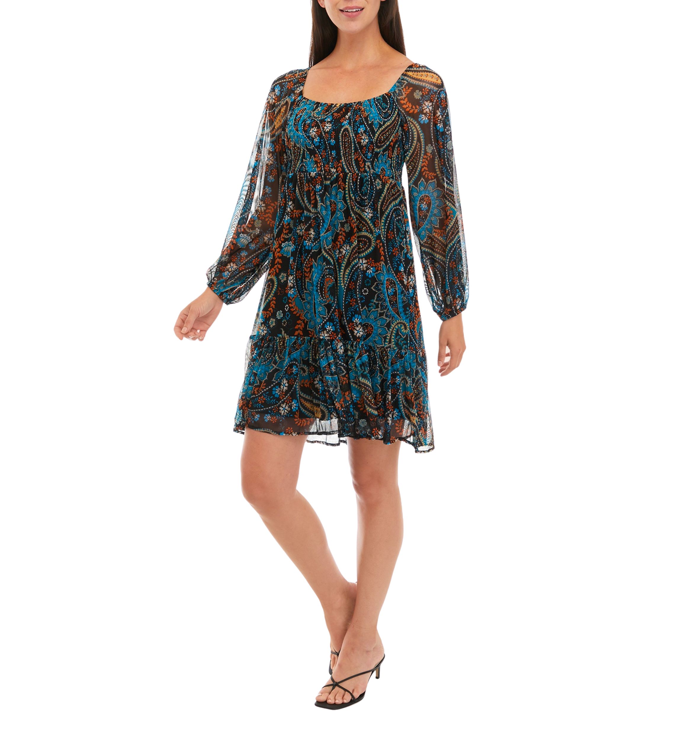 Womens Long Sleeve Chiffon Square Neck Paisley Print Fit and Flare Dress