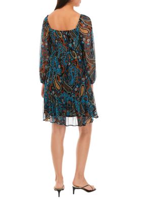 Women's Long Sleeve Chiffon Square Neck Paisley Print Fit and Flare Dress