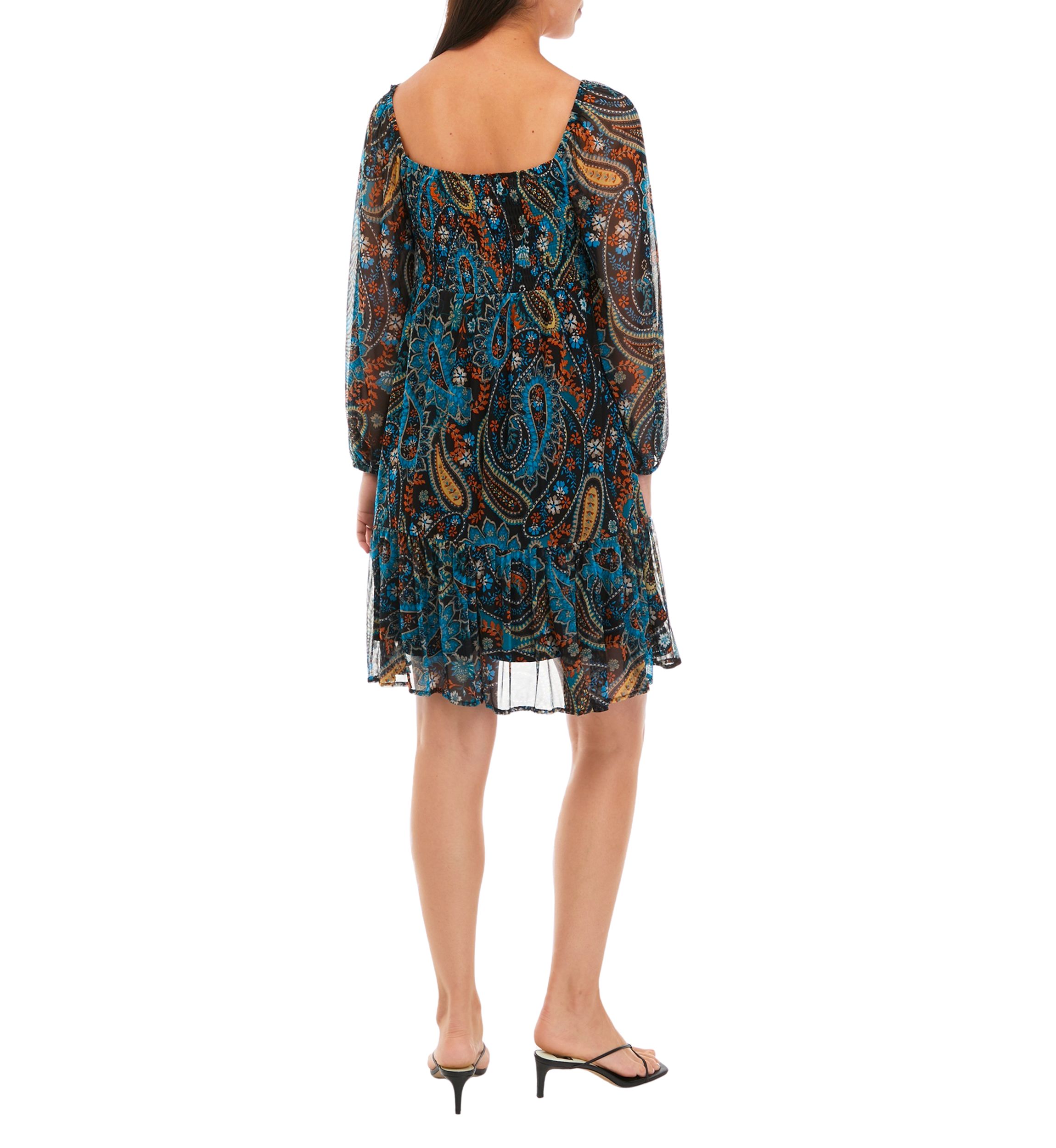 Womens Long Sleeve Chiffon Square Neck Paisley Print Fit and Flare Dress