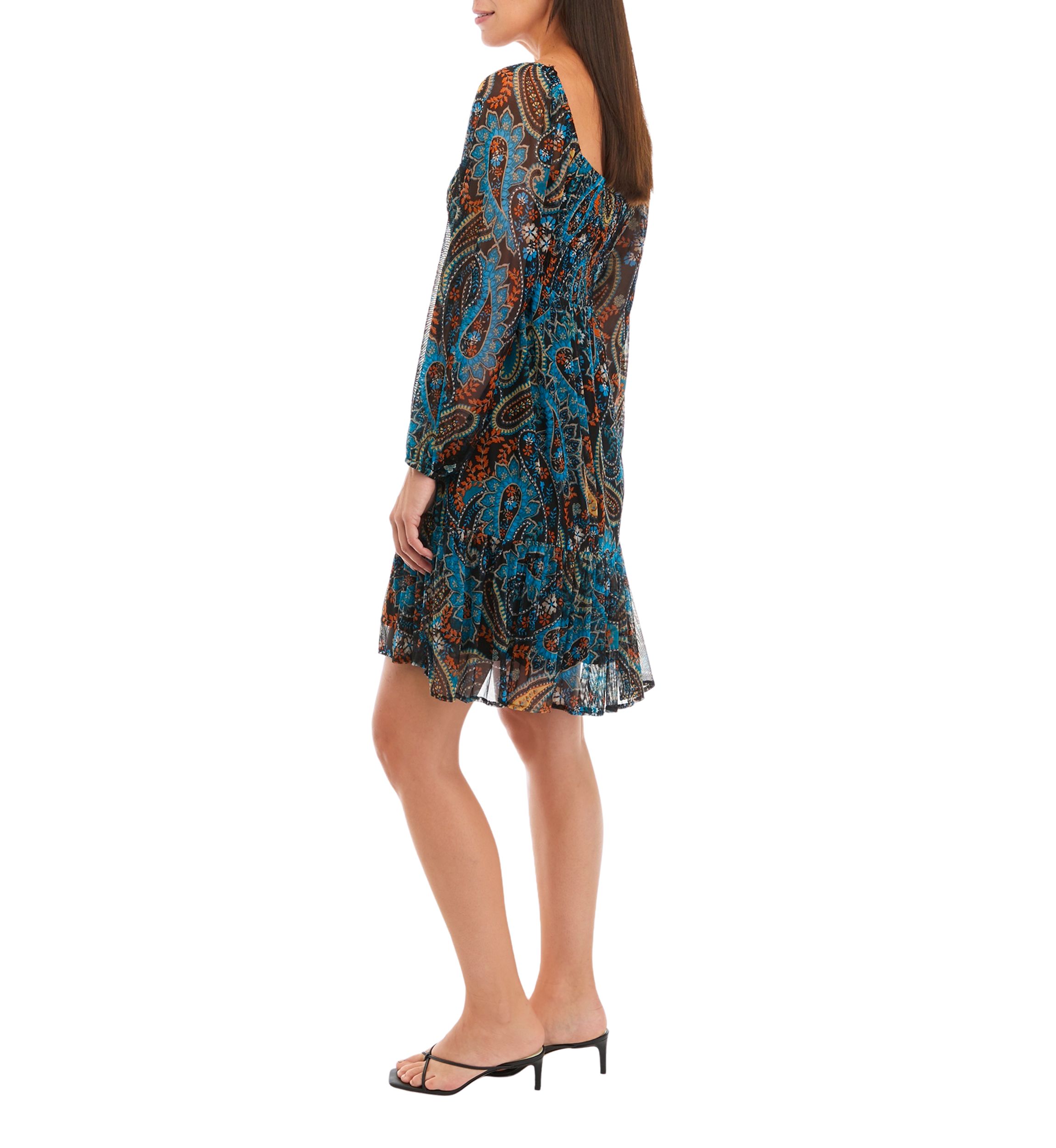 Womens Long Sleeve Chiffon Square Neck Paisley Print Fit and Flare Dress