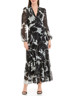 Women's Long Sleeve V-Neck Ruffle Trim Printed Fit and Flare Dress