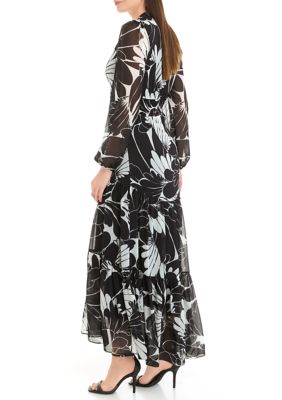 Women's Long Sleeve V-Neck Ruffle Trim Printed Fit and Flare Dress