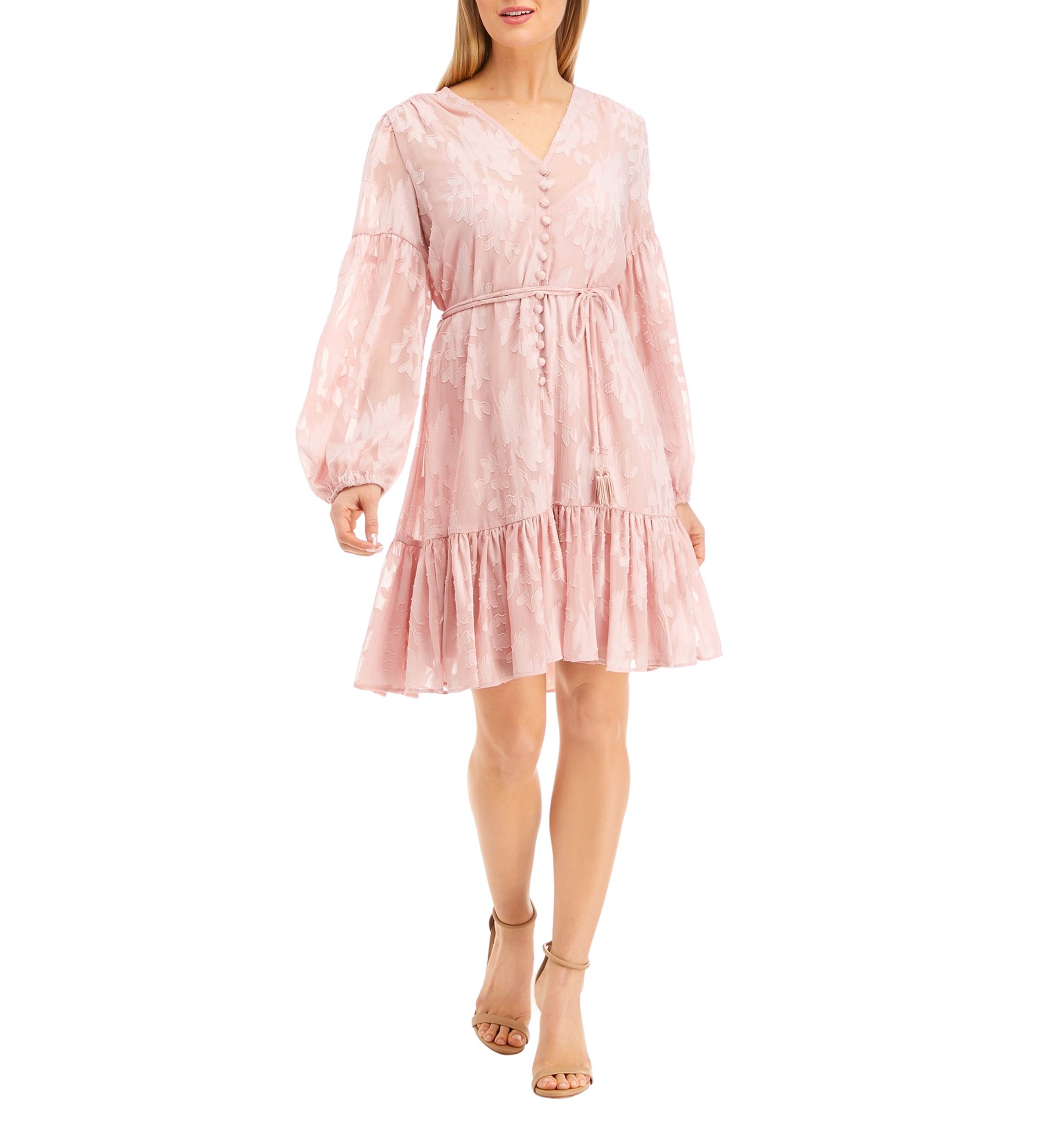 Womens Blouson Sleeve Tie Waist Floral Embroidered Dress