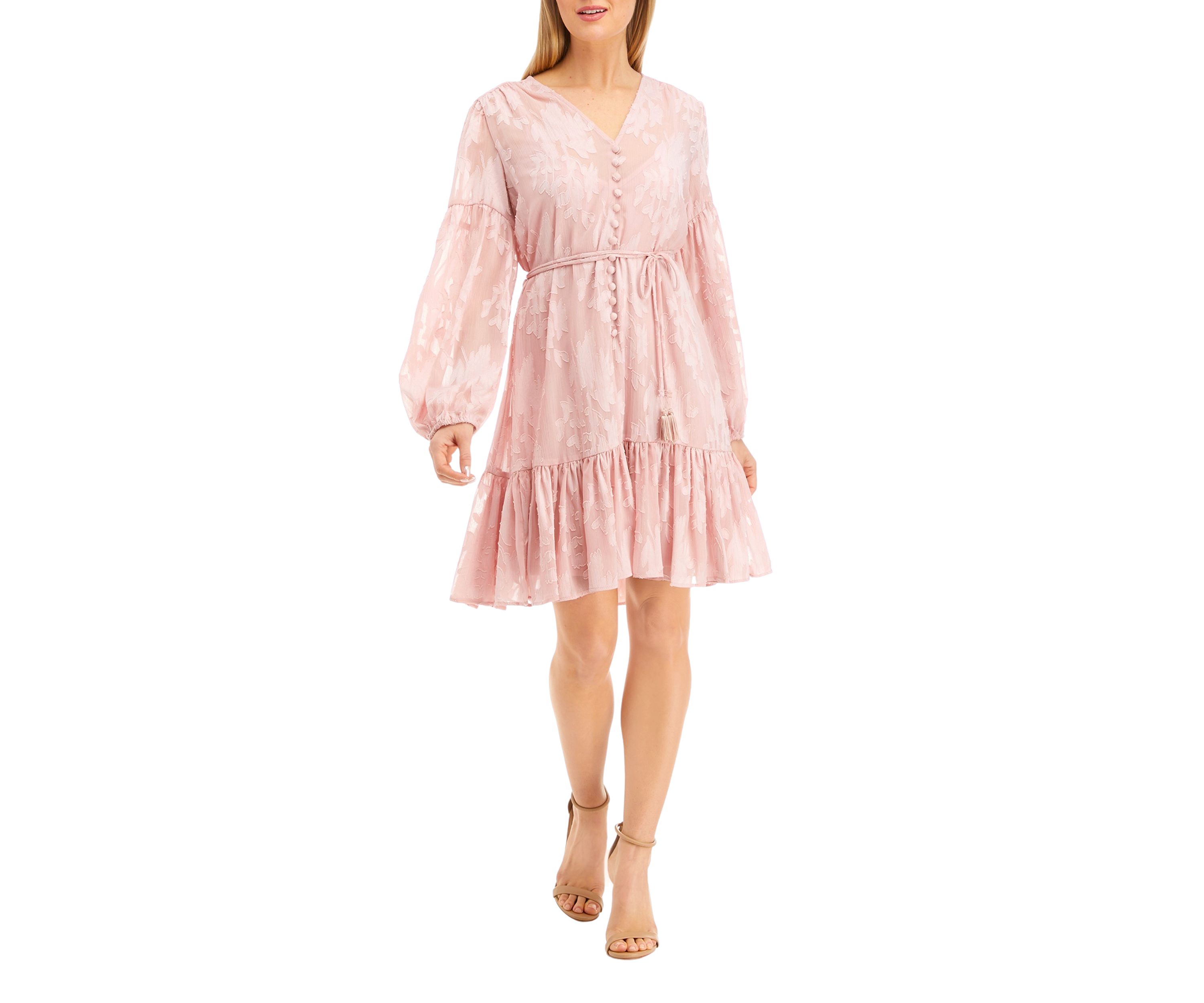 Womens Blouson Sleeve Tie Waist Floral Embroidered Dress