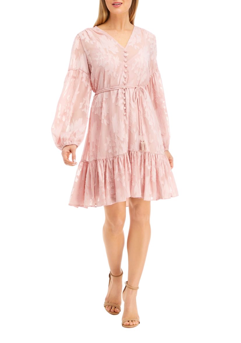 Womens Blouson Sleeve Tie Waist Floral Embroidered Dress