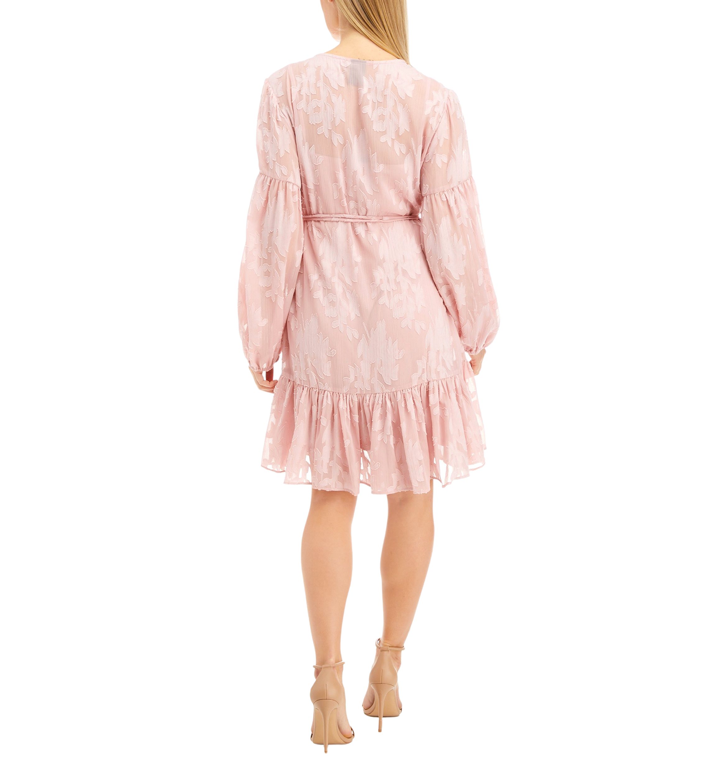 Womens Blouson Sleeve Tie Waist Floral Embroidered Dress