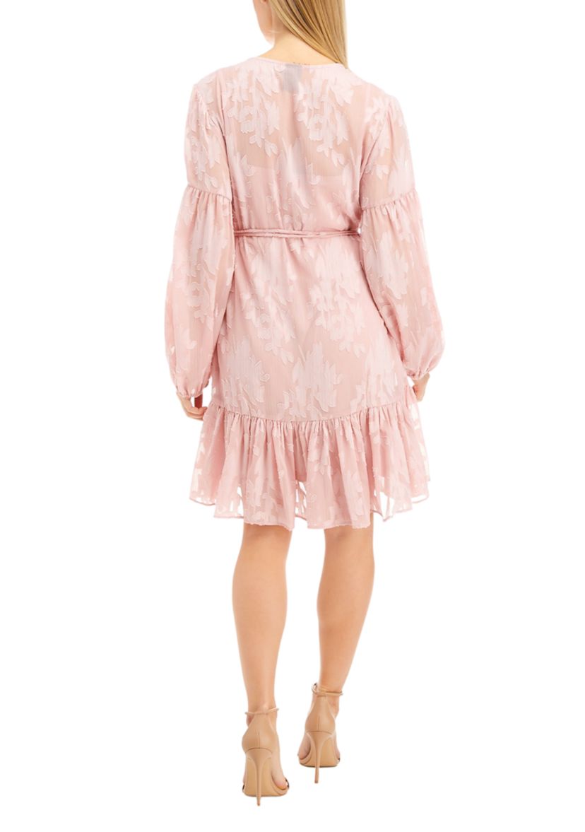 Womens Blouson Sleeve Tie Waist Floral Embroidered Dress