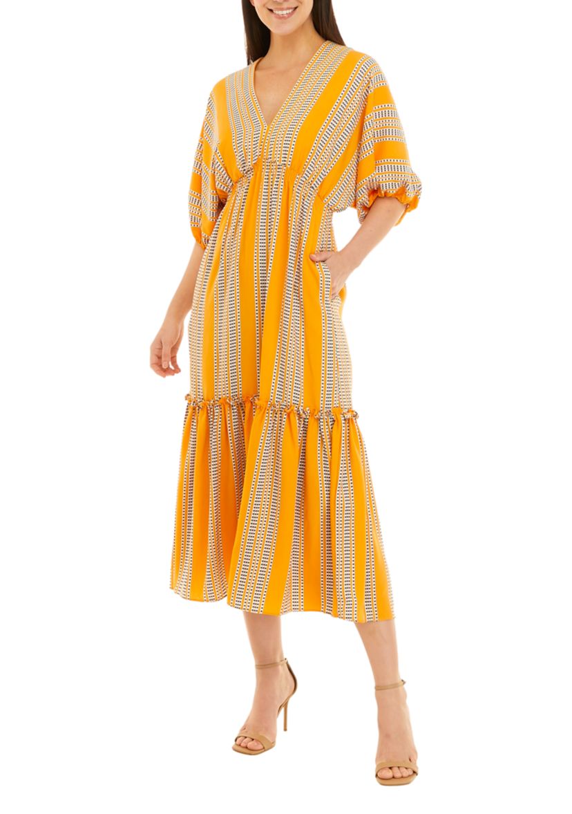 Womens Elbow Sleeve V-Neck Striped Dress