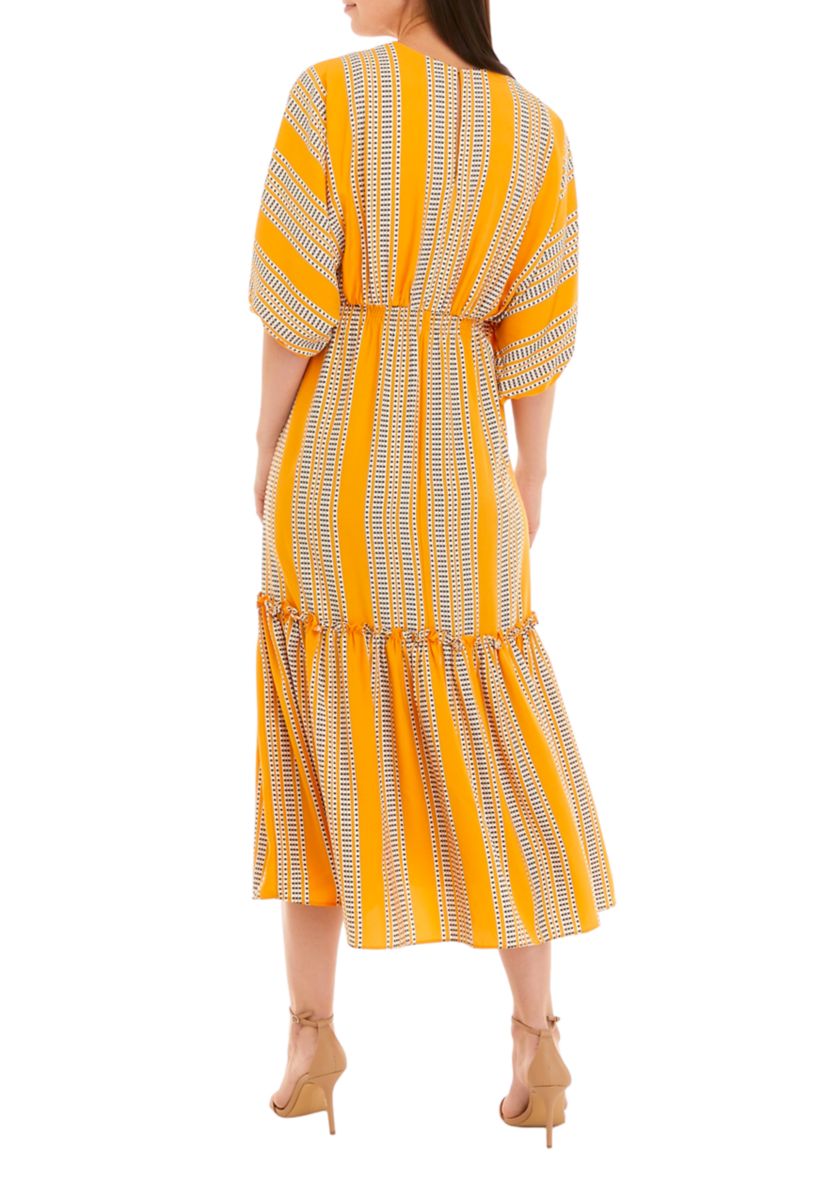 Womens Elbow Sleeve V-Neck Striped Dress