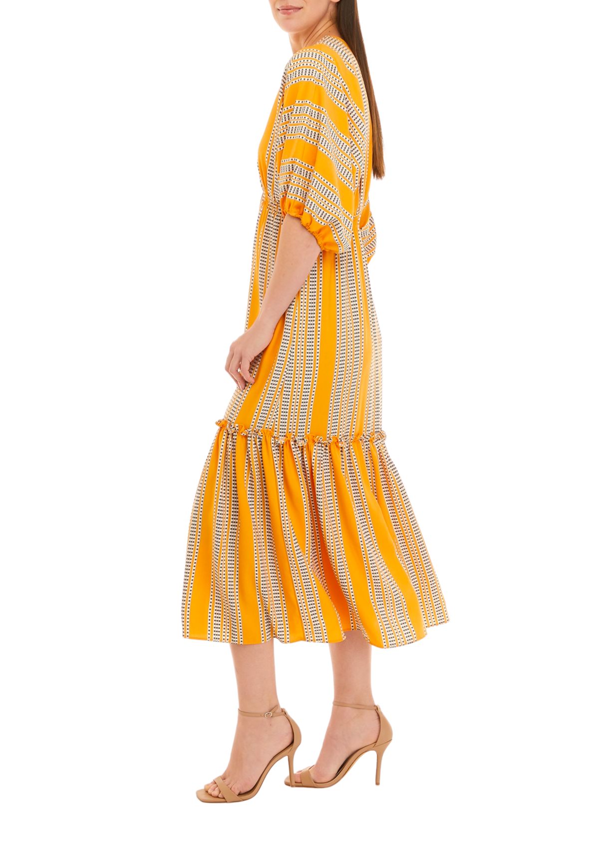 Womens Elbow Sleeve V-Neck Striped Dress