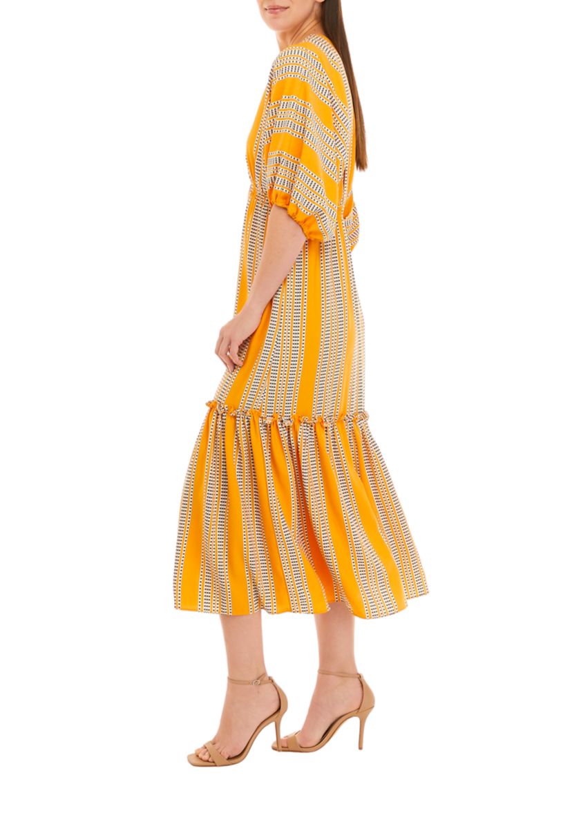 Womens Elbow Sleeve V-Neck Striped Dress