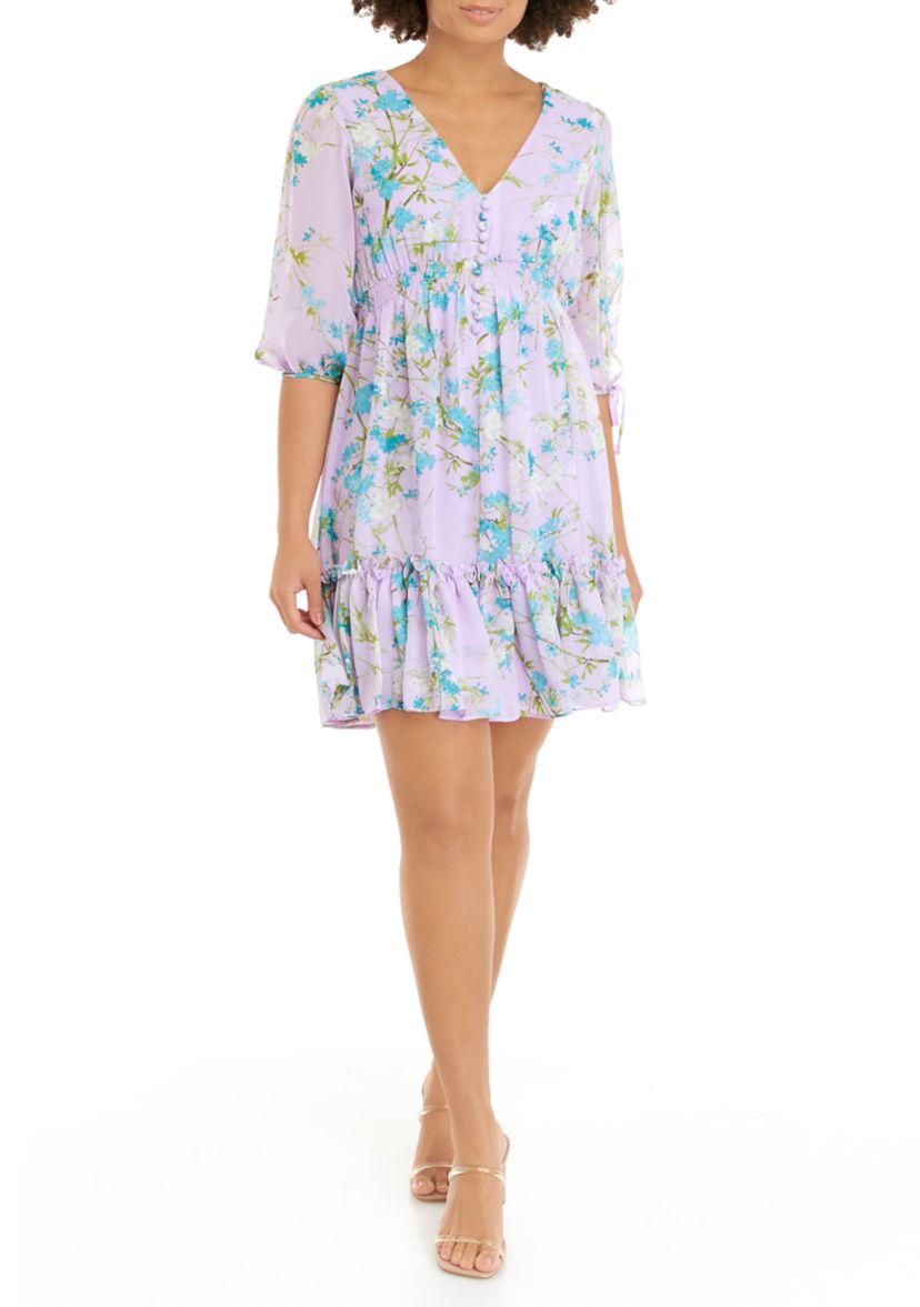 Elbow Sleeve V-Neck Sheer Floral Chiffon Dress