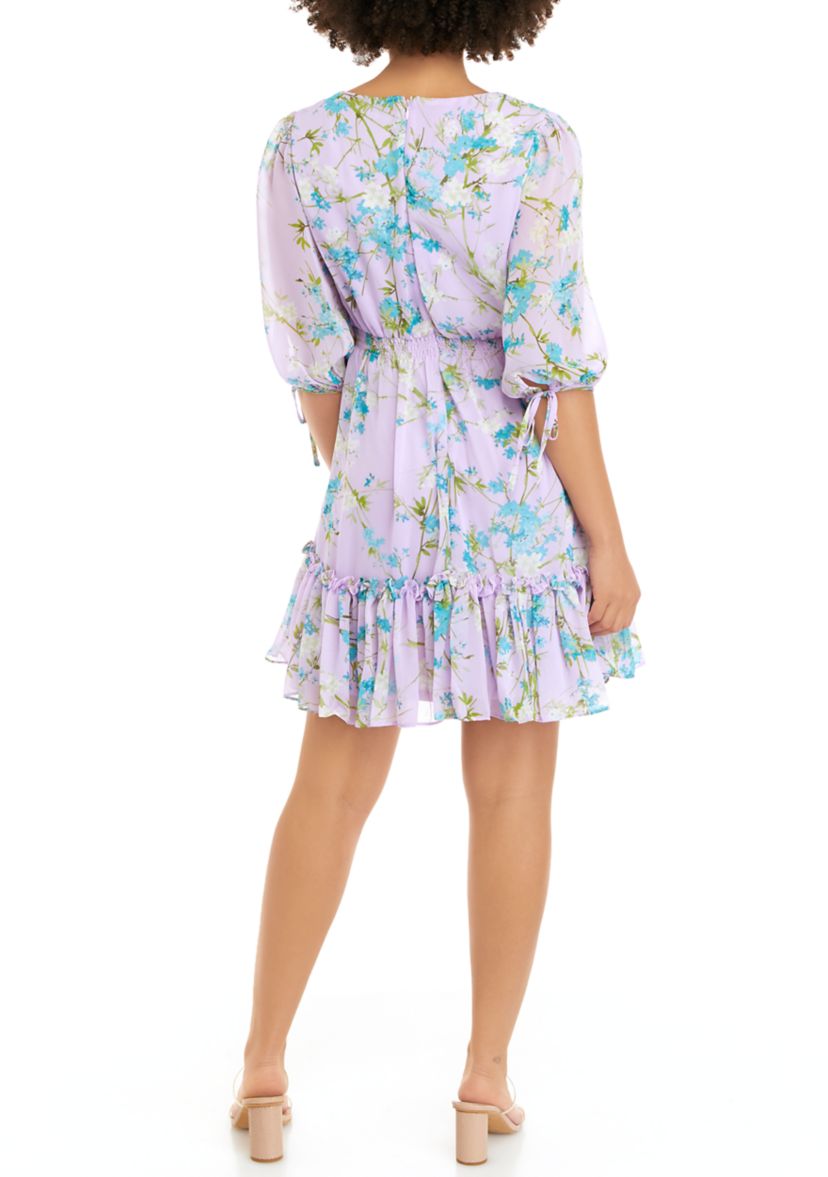 Elbow Sleeve V-Neck Sheer Floral Chiffon Dress