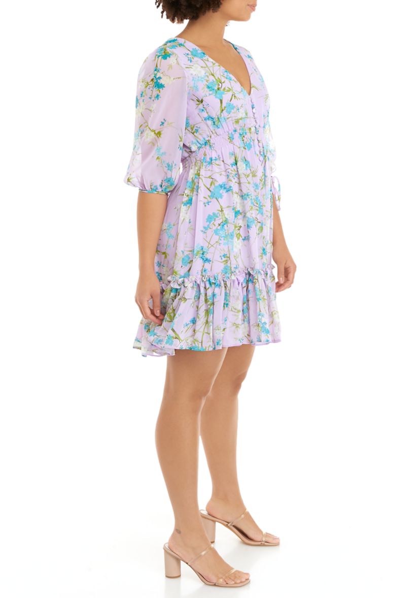 Elbow Sleeve V-Neck Sheer Floral Chiffon Dress