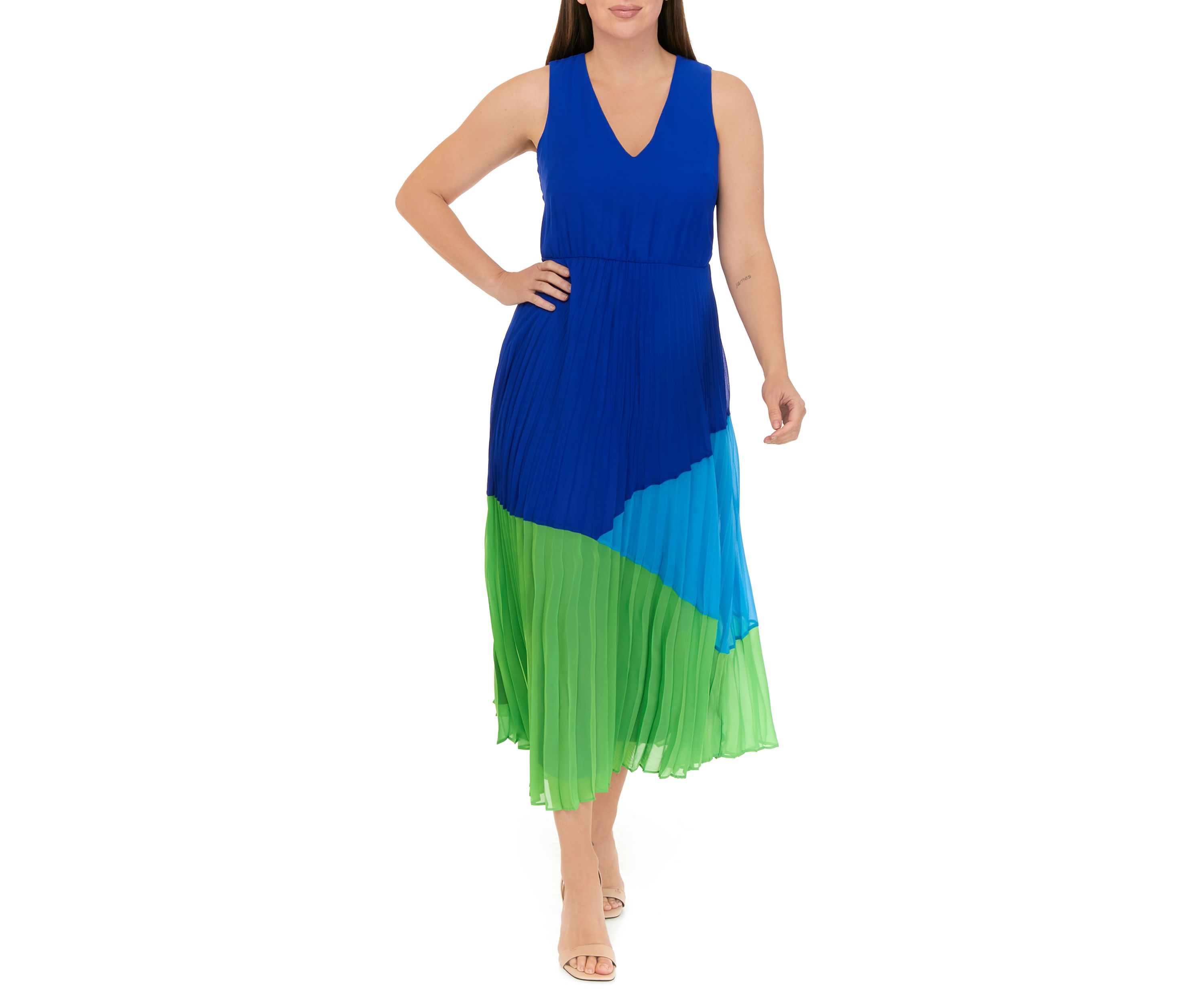 Womens Sleeveless V-Neck Color Block Chiffon Fit and Flare Midi Dress