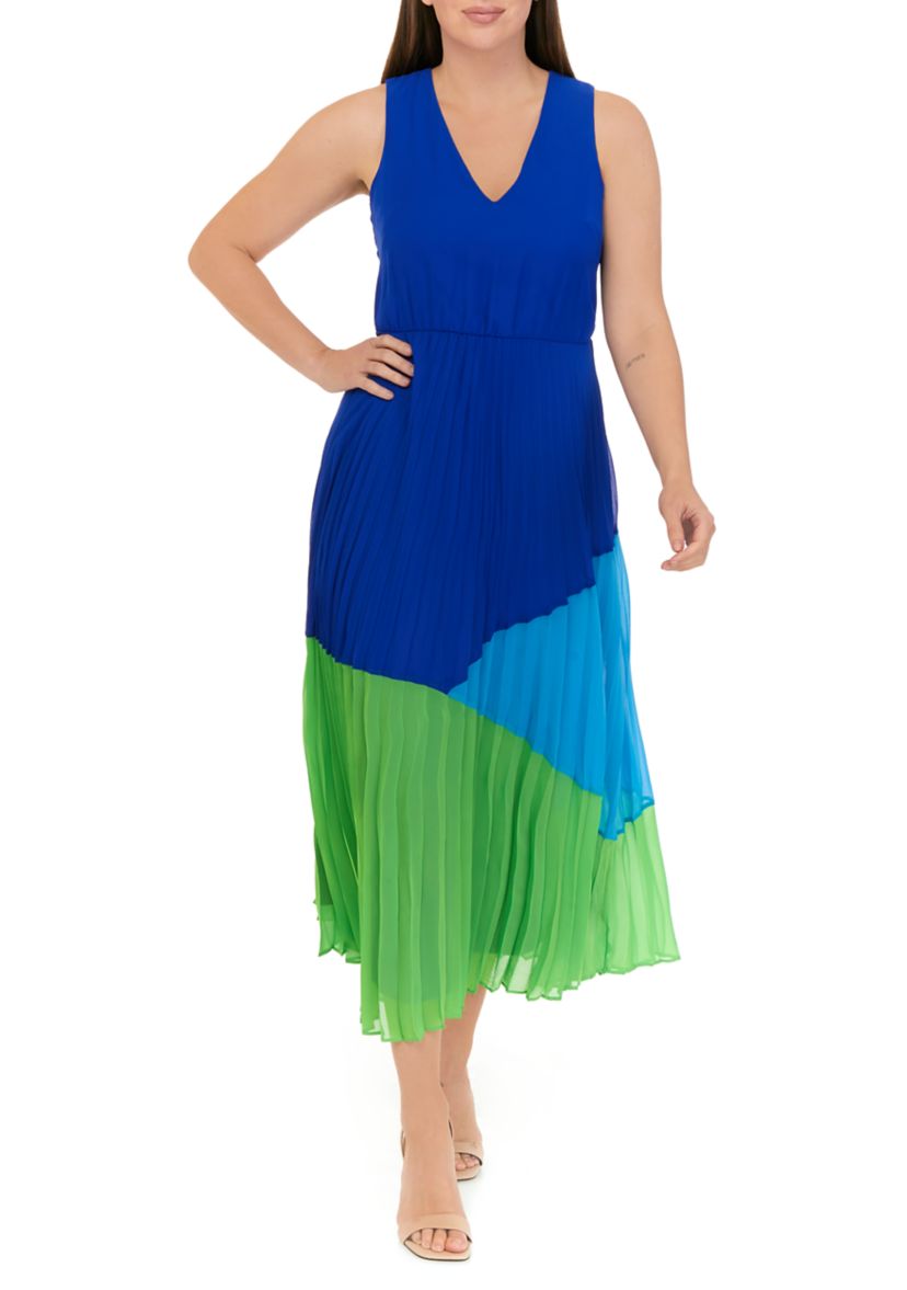 Womens Sleeveless V-Neck Color Block Chiffon Fit and Flare Midi Dress