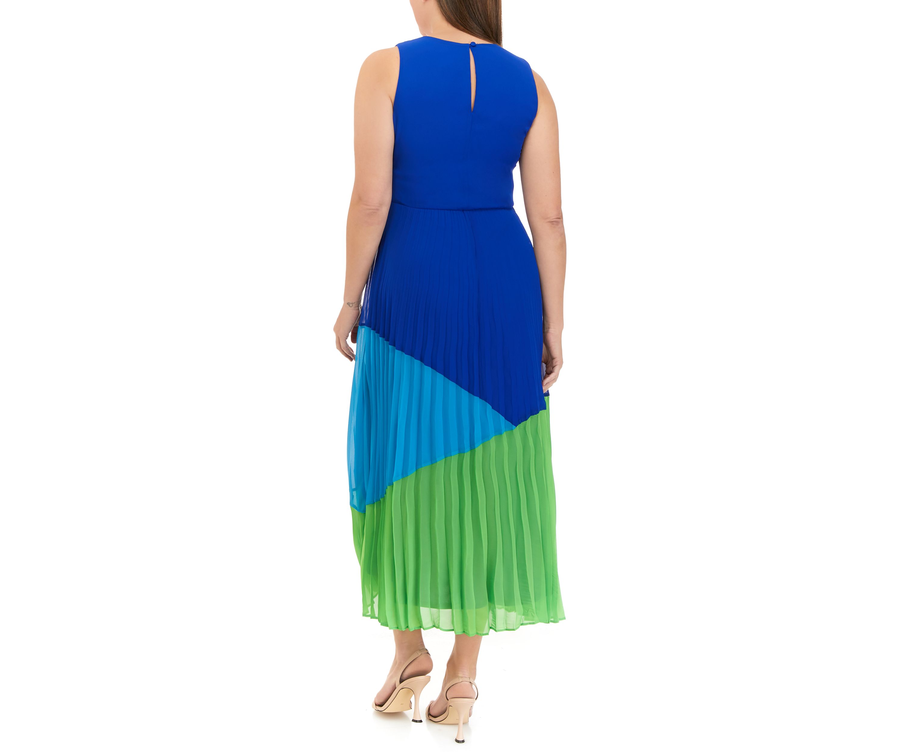 Womens Sleeveless V-Neck Color Block Chiffon Fit and Flare Midi Dress