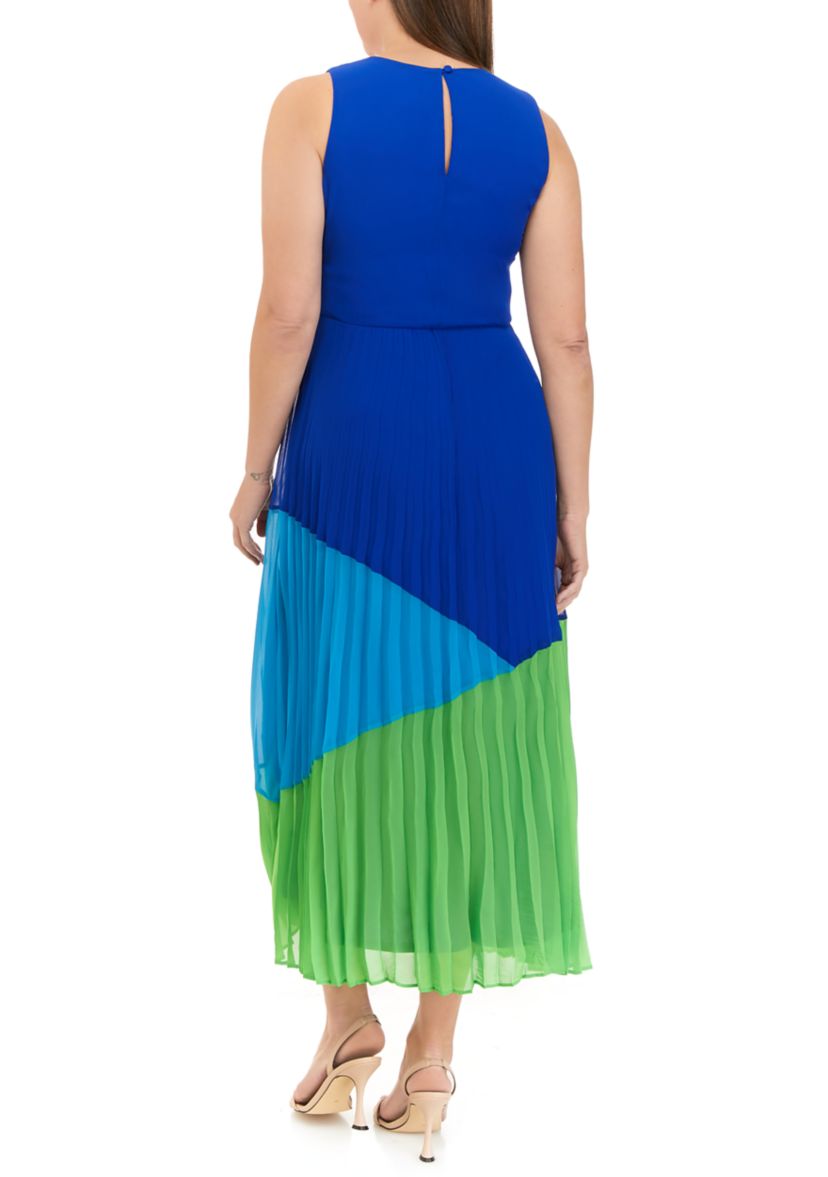 Womens Sleeveless V-Neck Color Block Chiffon Fit and Flare Midi Dress