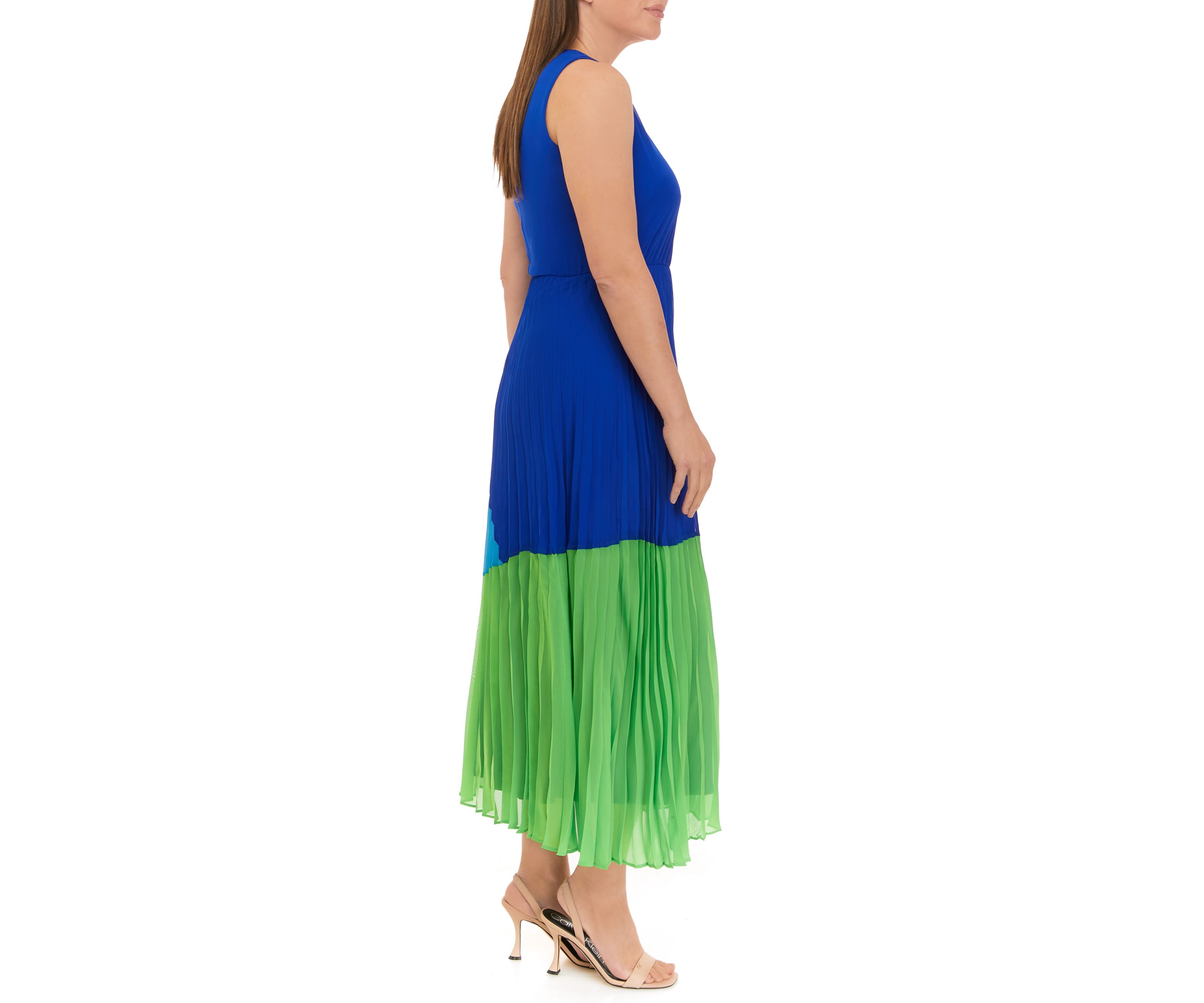 Womens Sleeveless V-Neck Color Block Chiffon Fit and Flare Midi Dress