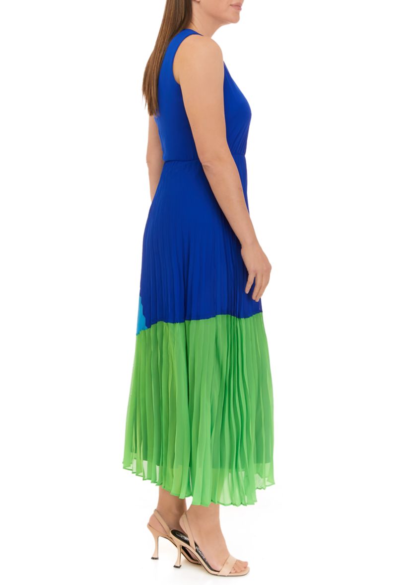 Womens Sleeveless V-Neck Color Block Chiffon Fit and Flare Midi Dress