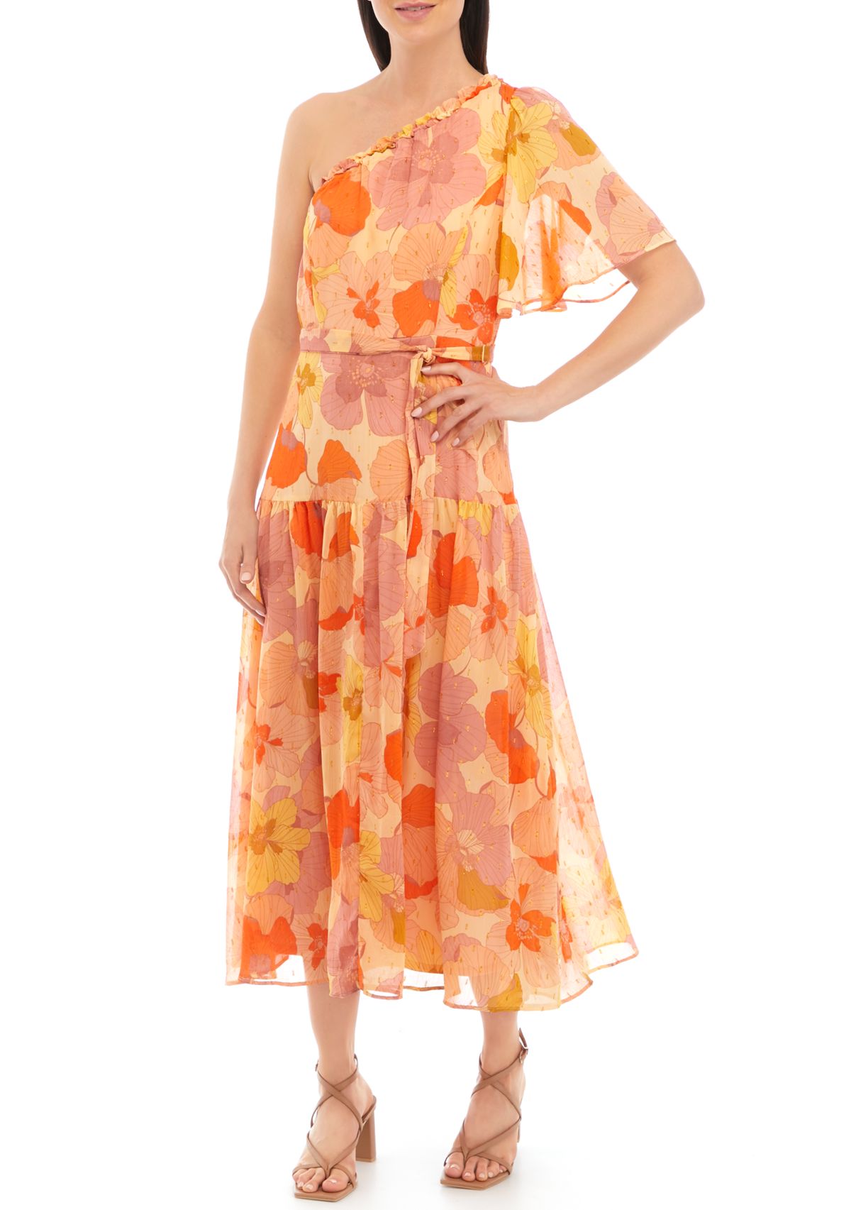 Womens One-Shoulder Floral Midi Dress