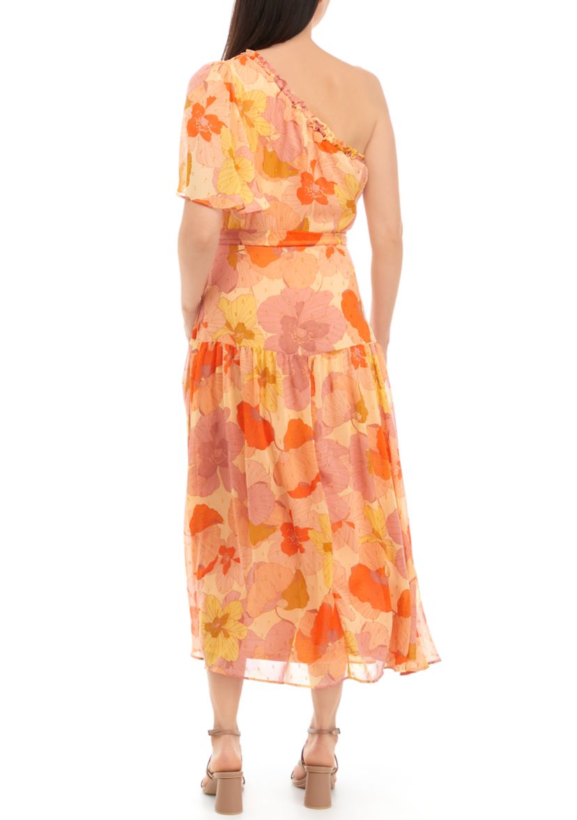 Womens One-Shoulder Floral Midi Dress