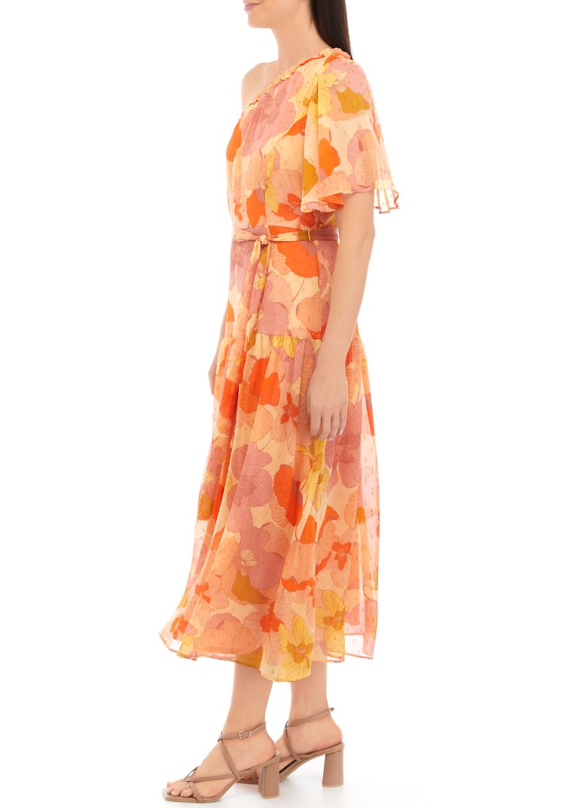 Womens One-Shoulder Floral Midi Dress