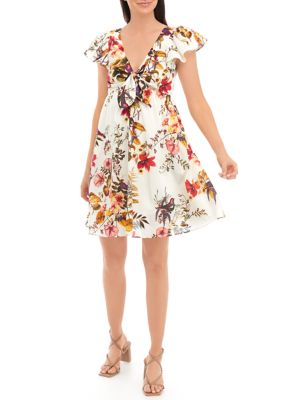 Women's Flutter Sleeve Floral Fit and Flare Dress