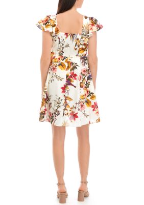 Women's Flutter Sleeve Floral Fit and Flare Dress