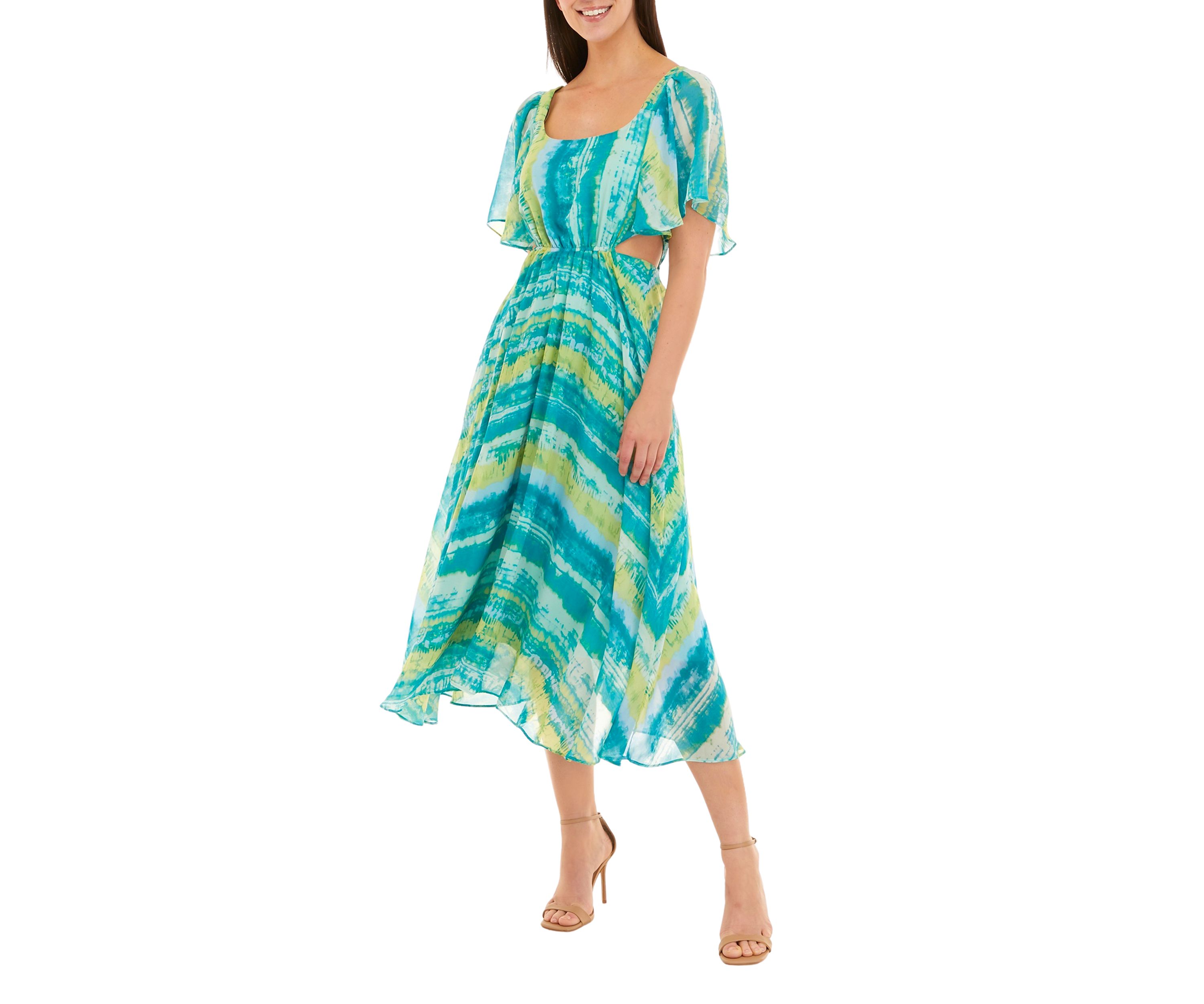 Womens Short Sleeve Square Neck Cut Out Stripe Print Fit and Flare Midi Dress