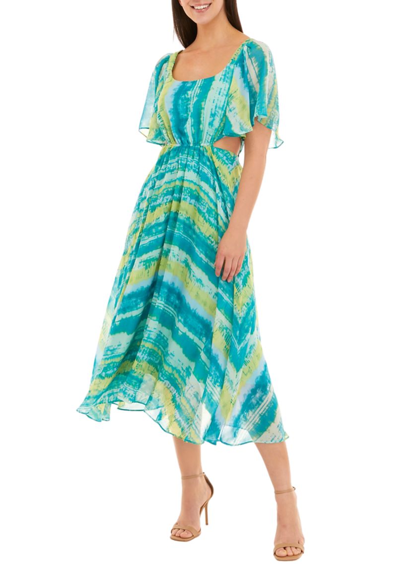Womens Short Sleeve Square Neck Cut Out Stripe Print Fit and Flare Midi Dress