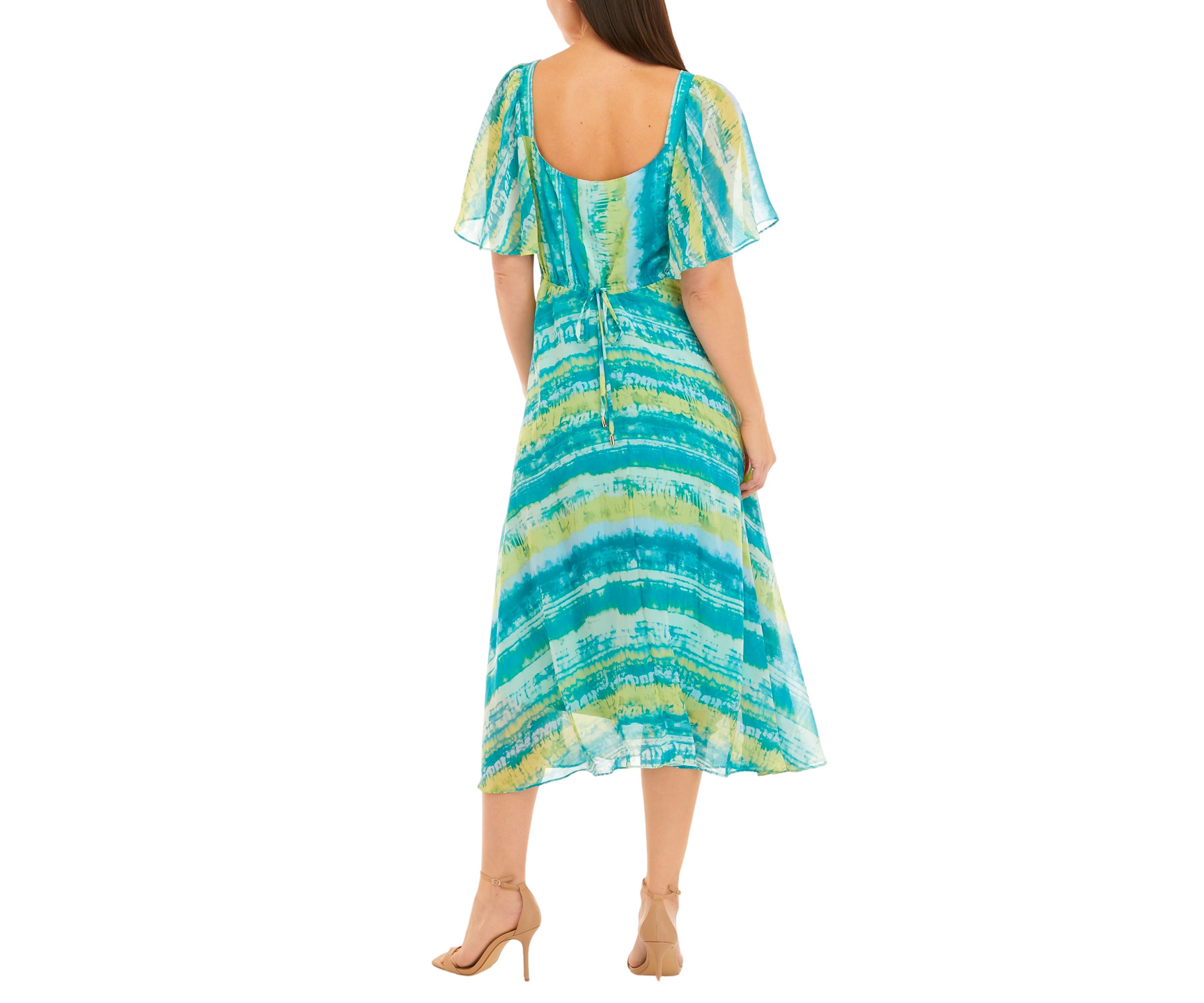 Womens Short Sleeve Square Neck Cut Out Stripe Print Fit and Flare Midi Dress