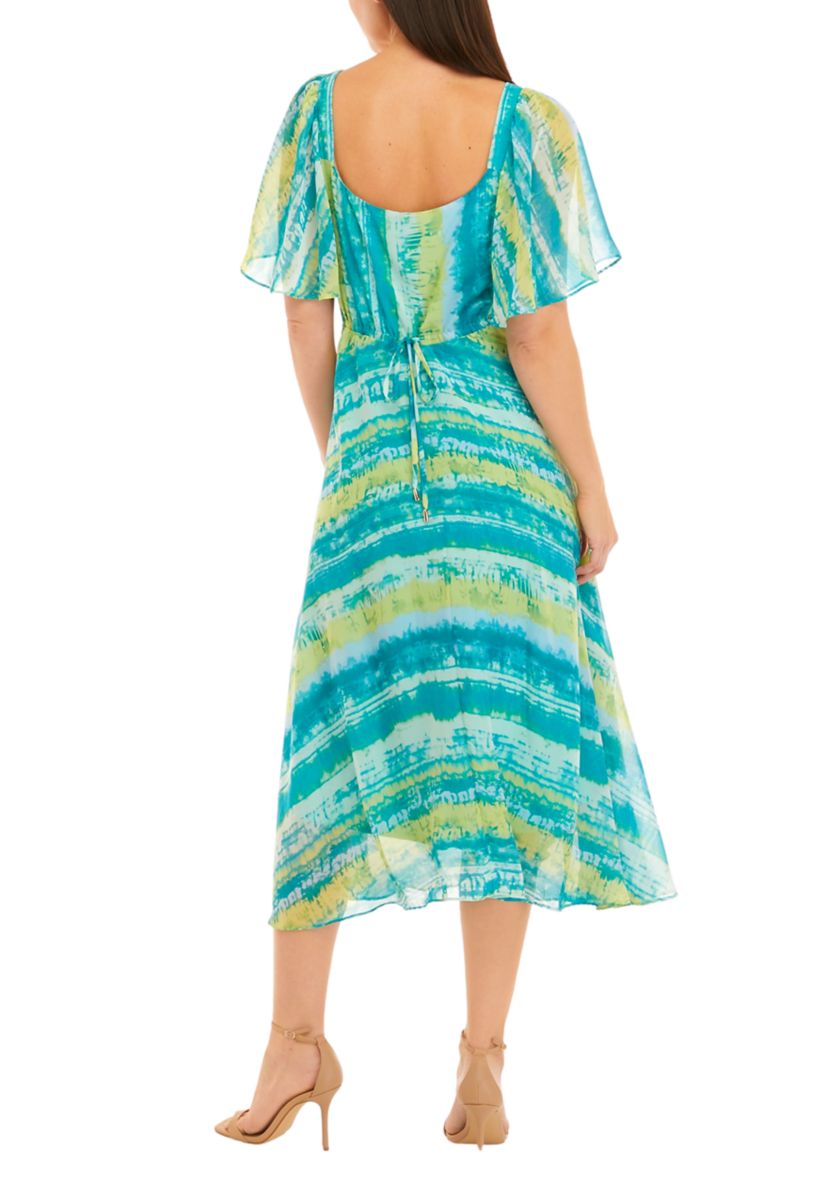 Womens Short Sleeve Square Neck Cut Out Stripe Print Fit and Flare Midi Dress