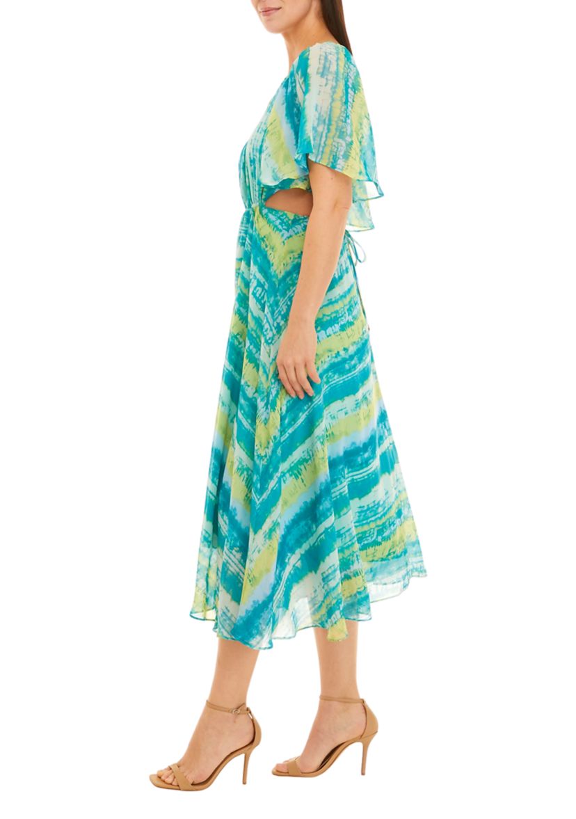 Womens Short Sleeve Square Neck Cut Out Stripe Print Fit and Flare Midi Dress