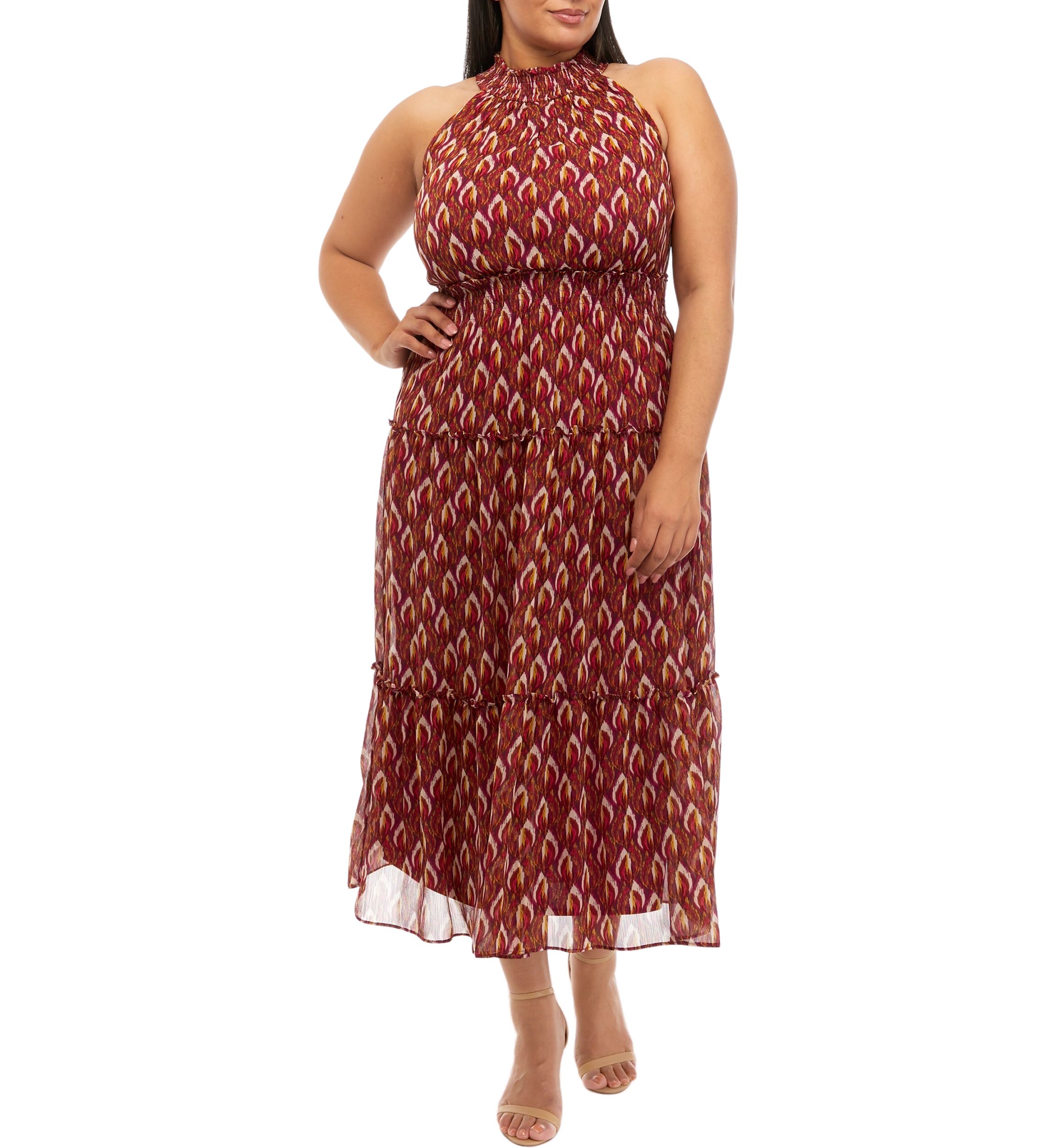 Womens Sleeveless Halter Ikat Print Midi Dress