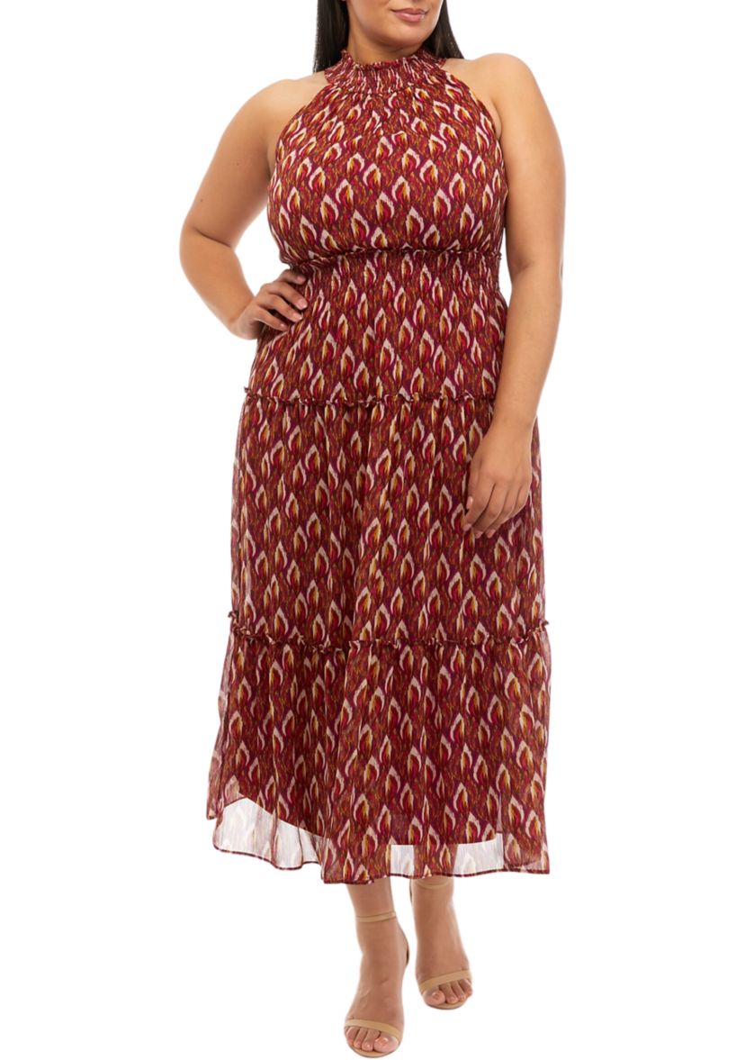 Womens Sleeveless Halter Ikat Print Midi Dress
