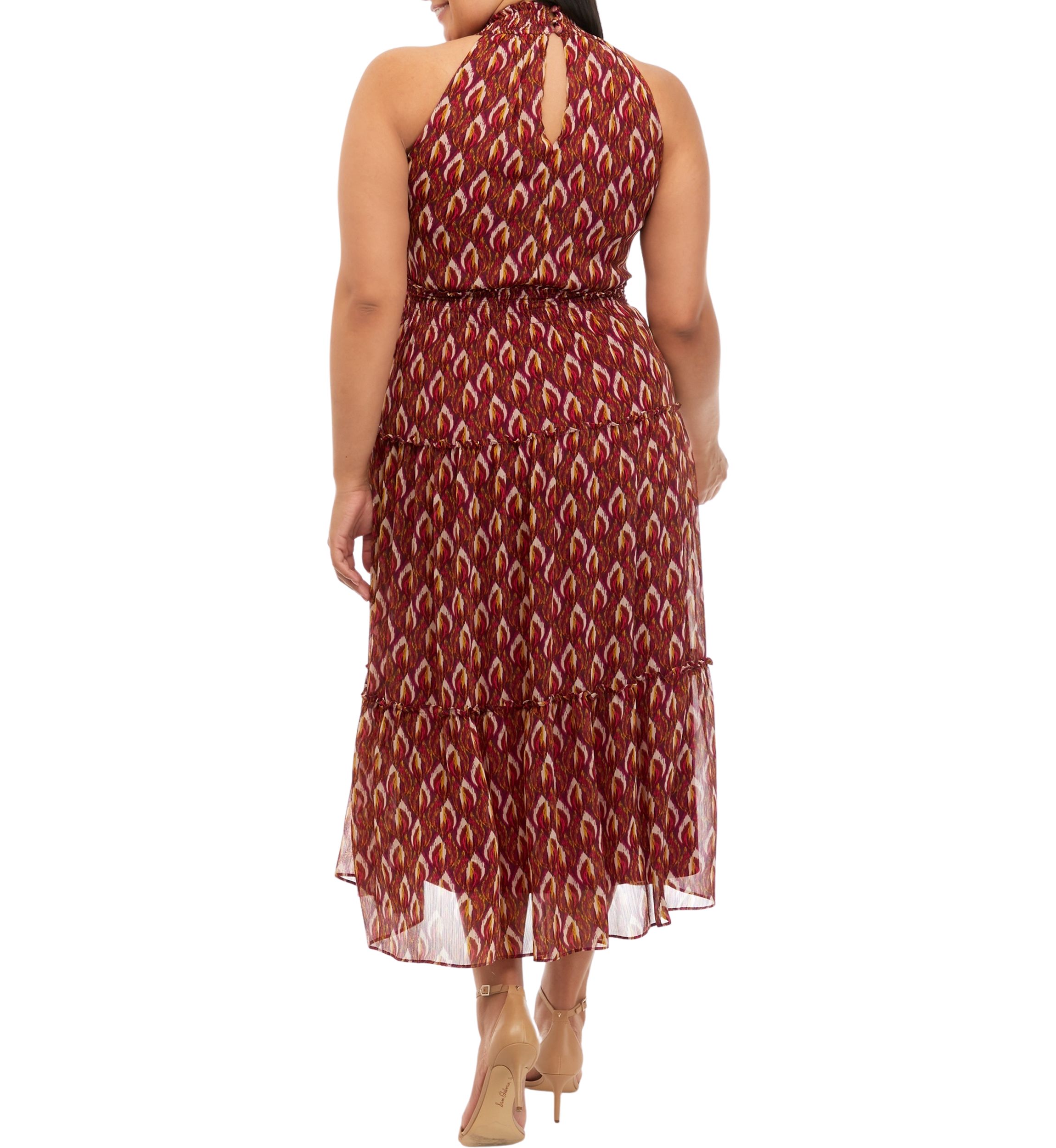 Womens Sleeveless Halter Ikat Print Midi Dress