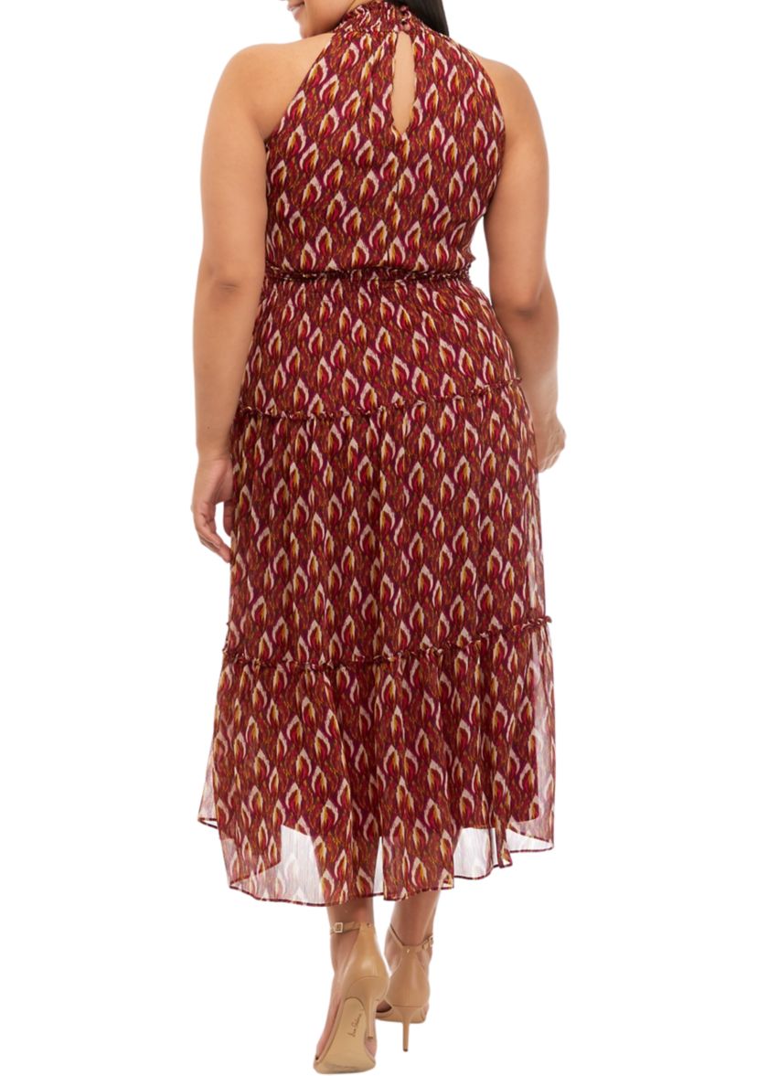 Womens Sleeveless Halter Ikat Print Midi Dress