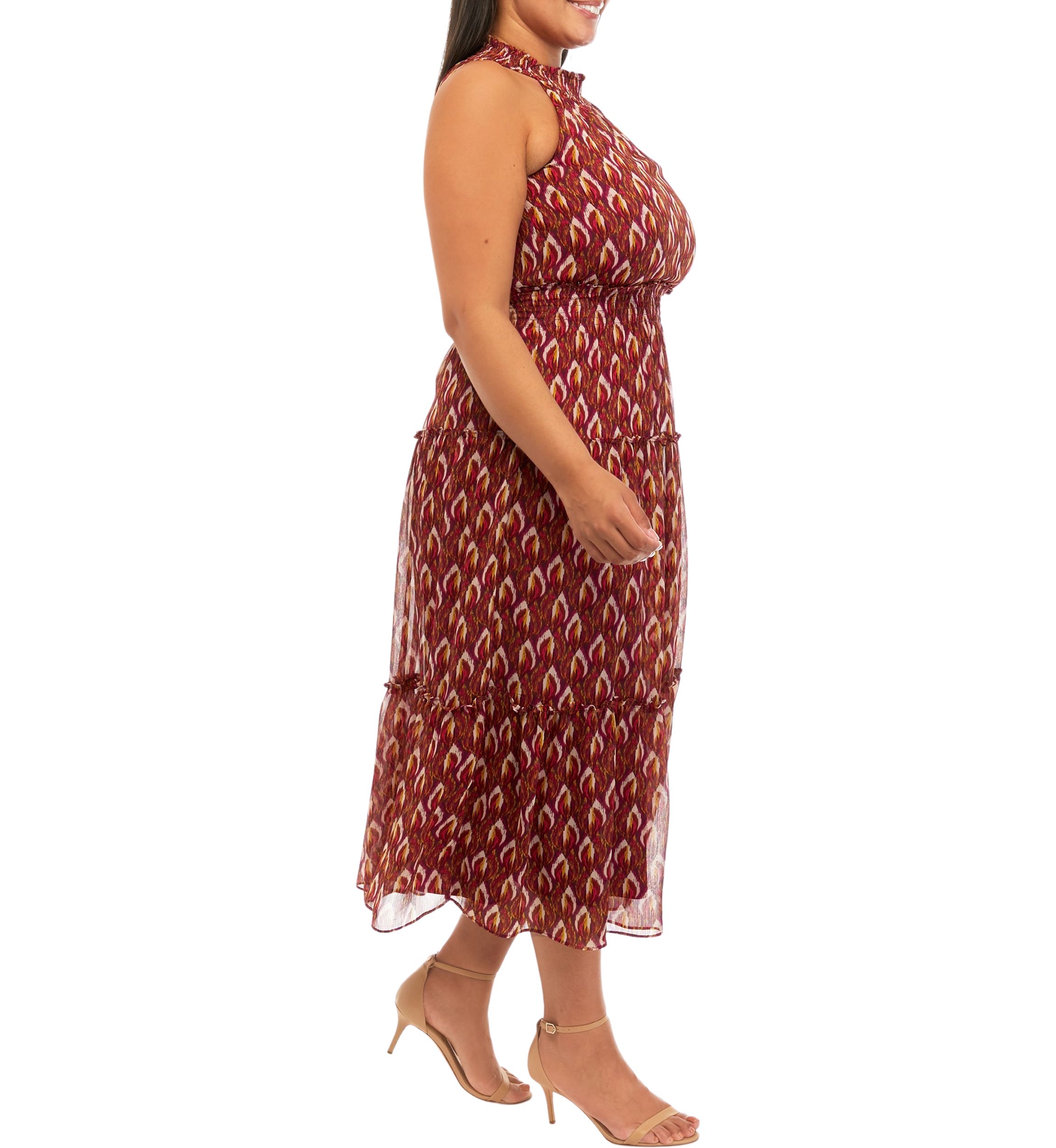 Womens Sleeveless Halter Ikat Print Midi Dress