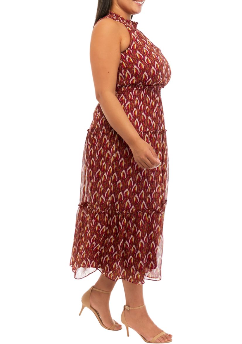 Womens Sleeveless Halter Ikat Print Midi Dress