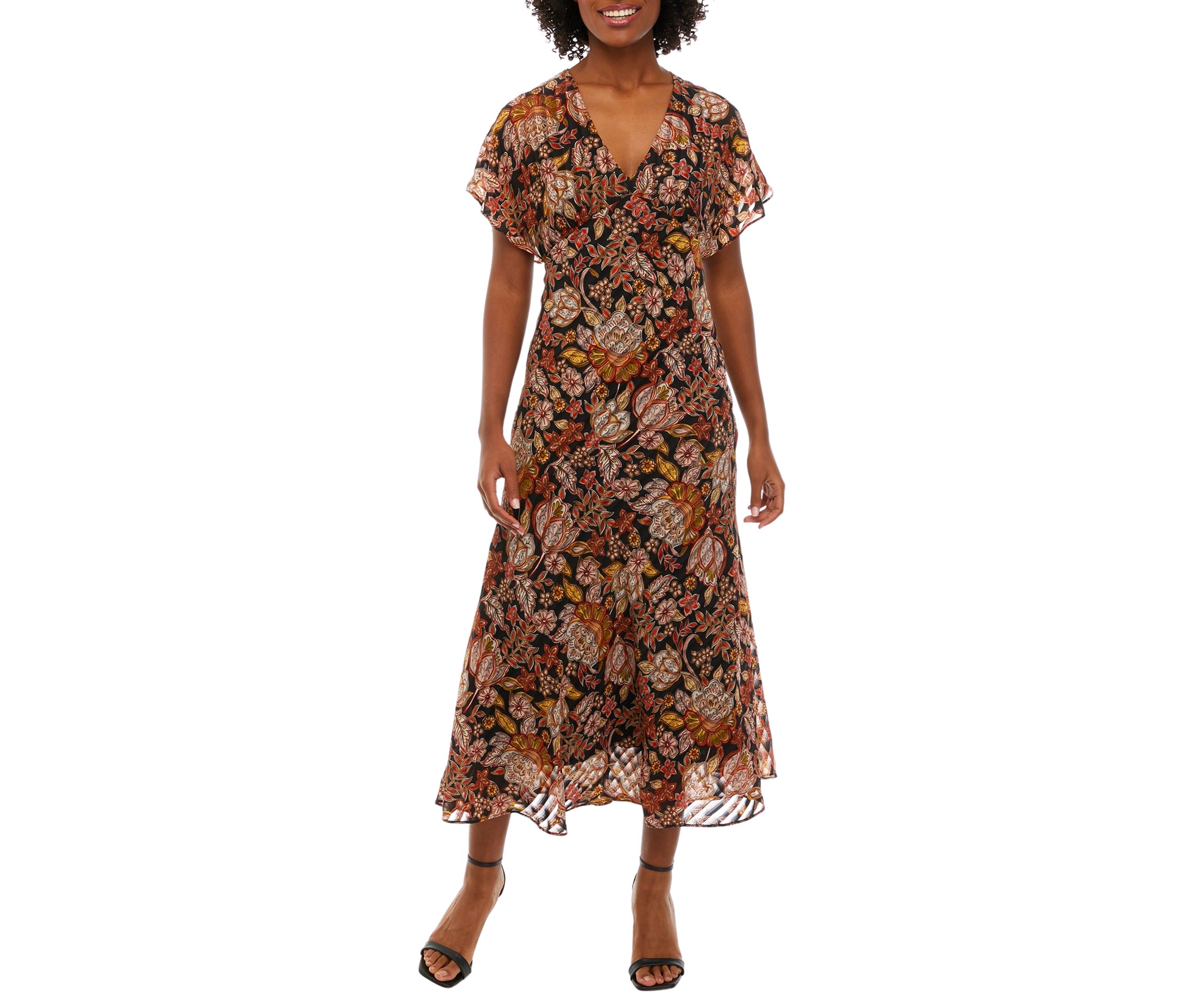 Womens Short Sleeve V-Neck Floral Print Midi Dress