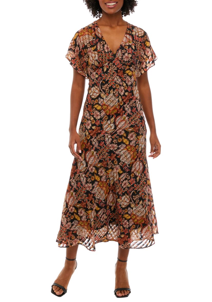 Womens Short Sleeve V-Neck Floral Print Midi Dress